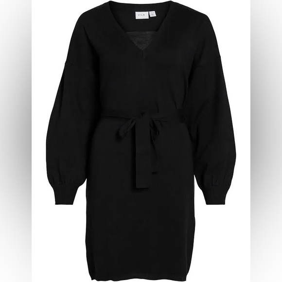 Vila knit sweater mini dress with lace detail v neck in black - Picture 3 of 6